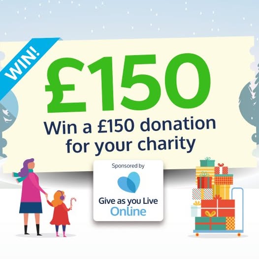 Cartoony graphic promoting Give as you Live. Text: "Win a £150 donation for your charity"
